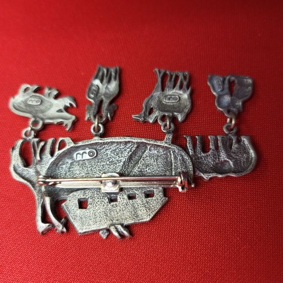 Vintage JJ Signed Brooch Pin Pewter Noahs Ark Dangling Animals Pairs Charms - Picture 11 of 12
